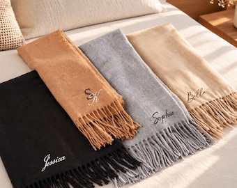 Custom Fringe Scarf Wrap with Name, Embroidered Monogram Scarves for Women, Gift for Her