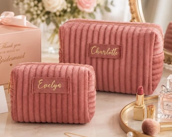 Custom Bridesmaid Ribbed Velvet Makeup Bag: Personalized Gold Name Cosmetic Pouch [R]