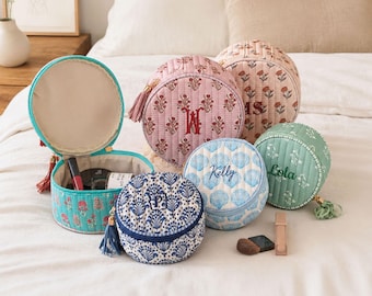 Personalized Quilted Round Cosmetic Pouch, Embroidered Monogram, Travel Toiletry Case (Block Print), Christmas Gifts for Her Mom Friend