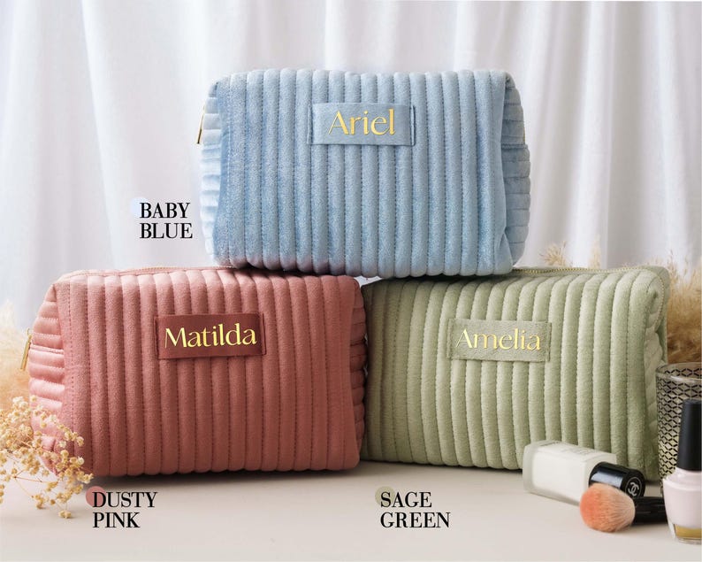 Ribbed Velvet Custom Cosmetic Organizer: Personalized Travel Makeup Bag Large Medium [R] image 3