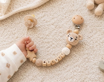 Personalized Crochet Pacifier Clip with Name on Wooden Beads, Animal Soother Holder, Dummy Clip for Baby Shower & New Mom Gift [N]