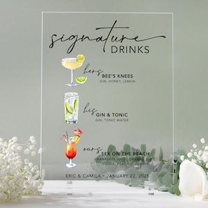 Signature Drinks Wedding Sign, Personalized Bar Sign, His and Hers Signature Cocktail, Custom Acrylic Wedding Sign, Custom Wedding Decor