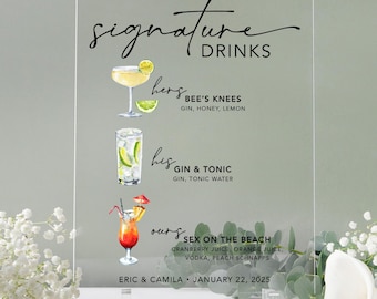Signature Drinks Wedding Sign, Personalized Bar Sign, His and Hers Signature Cocktail, Custom Acrylic Wedding Sign, Custom Wedding Decor