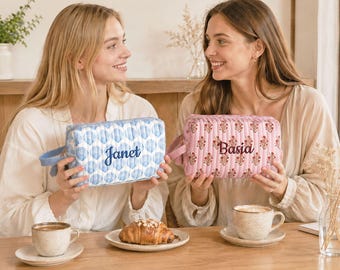 Floral Block Print Quilted Makeup Bag with Handle, Personalized Embroidered Cosmetic Bag, Monogram Toiletry Pouch, Bridesmaid Gift [N]