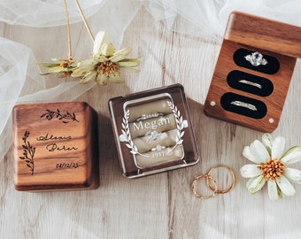 Caja para anillos con tapa de acrílico transparente / Portador de anillos de boda / Caja para 3 anillos / Soporte para anillos de propuesta de compromiso / Regalo para ella / Caja para anillos de boda