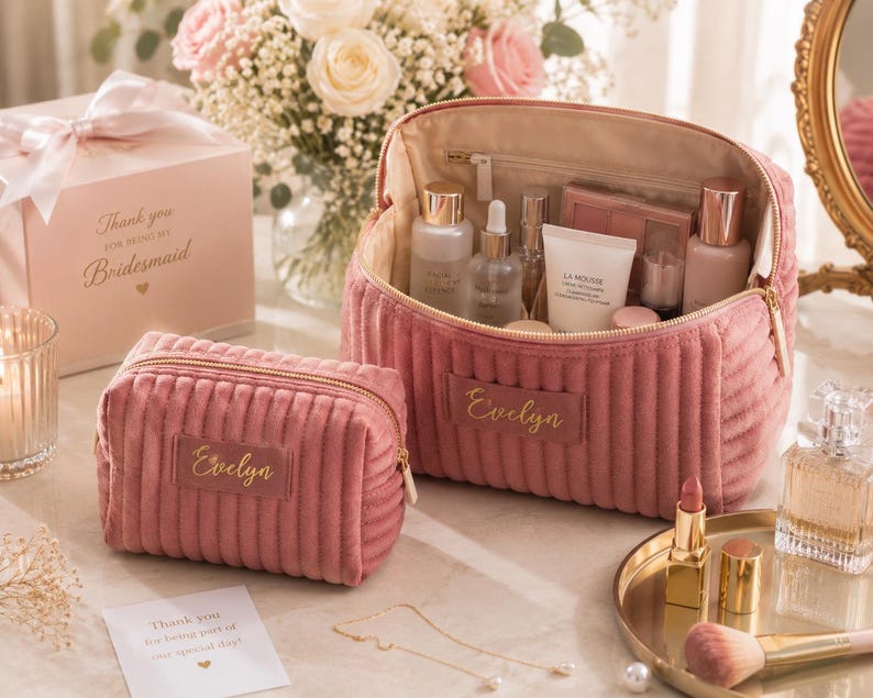 a pink makeup bag with a name tag, containing various makeup products, placed on a table alongside a bouquet of flowers and a card.