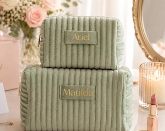 Ribbed Velvet Custom Cosmetic Organizer: Personalized Travel Makeup Bag Large Medium [R]