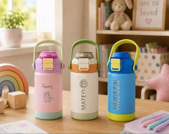 Kid Water Bottle, Engraved Tumbler, Back to School for Kids, Stainless Steel, Dual Use Spout Straw <D> [KT02]