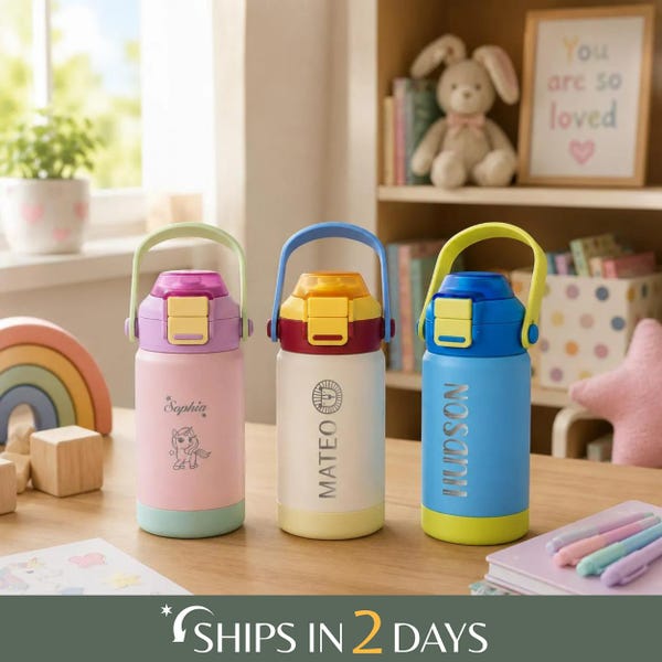Back to School Gifts, Personalized Kid Water Bottle with Straw, Engraved Kids Name Tumbler <D> [KT02]