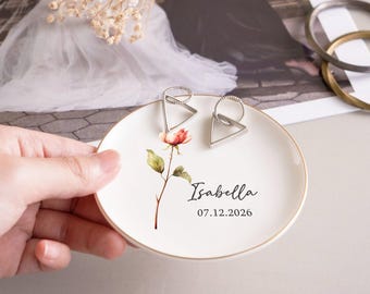 Personalized Birth Flower Ceramic Trinket Dish, Custom Name Date Ring Dish, Birthday Gift, Bridesmaid Gift, Jewelry Storage