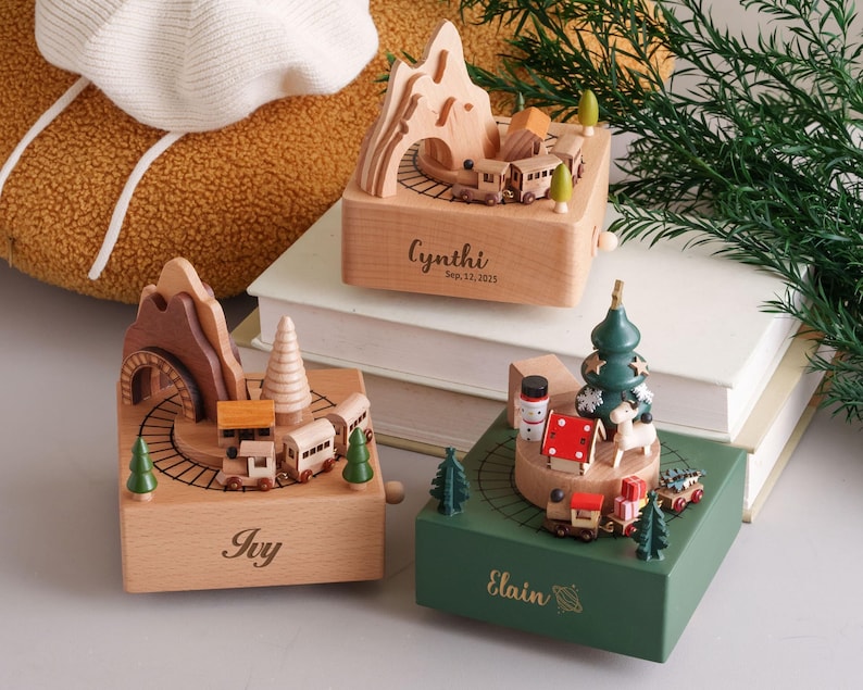 Christmas Gift for Toddler: Custom Engraved Wooden Train Music Box image 5