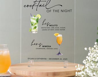 Signature Cocktails Acrylic Wedding Bar Sign, Custom Wedding Bar Sign, Personalized Bar Drinks Sign, Wedding Menu, After Party Cocktail Sign