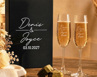 Personalized Glass Champagne Flutes, Engraved Wedding Toasting Set of 2 with Box, Mr and Mrs Wedding or Engagement Gift