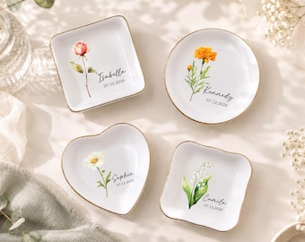 Personalized Birth Flower Ceramic Trinket Dish, Custom Name Date Ring Dish, Birthday Gift, Bridesmaid Gift, Jewelry Storage
