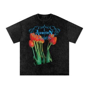 Addison Rae Red Tulips Acid Wash Oversize Tee T-Shirt - Diet Pepsi Aquamarine High Fashion Headphones On Inspired