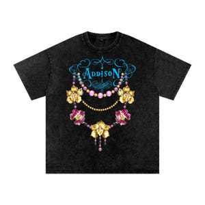 Addison Rae Pearl Necklace Acid Wash Oversize Tee T-Shirt - Diet Pepsi Aquamarine High Fashion Headphones On Inspired