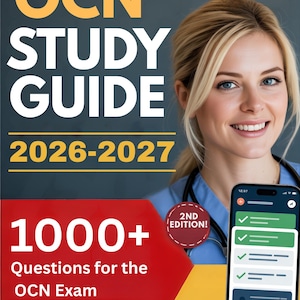 May include: A book cover with the title "OCN Study Guide 2026-2027" and the text "1000+ Questions for the OCN Exam." A woman in a blue uniform is smiling. A smartphone displays a checklist. The words "Exam Simulator" are at the bottom.
