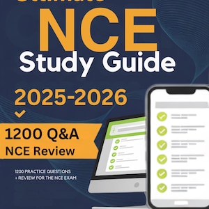 Puede incluir: Una guía de estudio azul marino y dorada titulada "Ultimate NCE Study Guide 2025-2026". La portada incluye el texto "1200 Q&A NCE Review" y "Exam Simulator". También se muestra un monitor de ordenador y un smartphone.