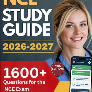 Könnte beinhalten: Ein Studienführer-Cover mit dem Titel "NCE STUDY GUIDE 2026-2027" in weißem und gelbem Text. Das Cover enthält auch den Text "1600+ Fragen für die NCE-Prüfung" und "EXAM SIMULATOR". Eine Frau in blauer Uniform ist im Hintergrund.
