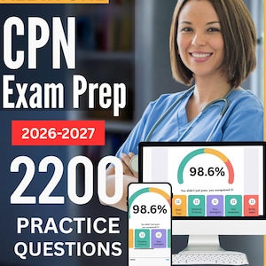 Puede incluir: Imagen promocional de un libro de preparación para el examen CPN. La imagen presenta a una mujer sonriente con uniforme, una pantalla de ordenador y un smartphone que muestra una puntuación del 98,6%. El texto incluye "2200 Preguntas de práctica" y "Incluye simulador de examen".