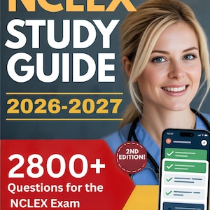 May include: NCLEX Study Guide 2026-2027 with 2800+ questions for the NCLEX exam. The cover features a woman in scrubs, a smartphone displaying a checklist, and the text "EXAM SIMULATOR". The book is labeled as the 2nd edition.