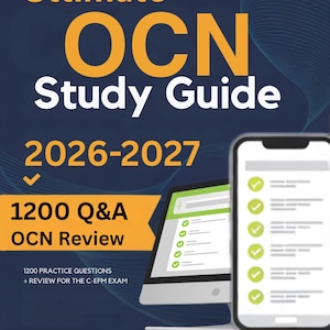 May include: A book cover with the title "Ultimate OCN Study Guide 2026-2027" in large orange and white text. The cover also includes the text "1200 Q&A OCN Review" and "Exam Simulator". A smartphone and computer screen are also visible.