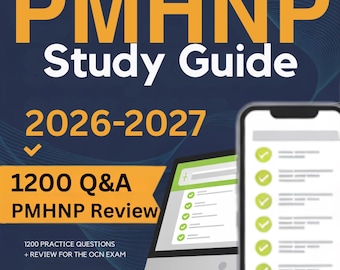May include: A book cover with the title "Ultimate PMHNP Study Guide 2026-2027" in large yellow letters on a dark blue background. The cover also includes a computer screen and a smartphone displaying exam questions.