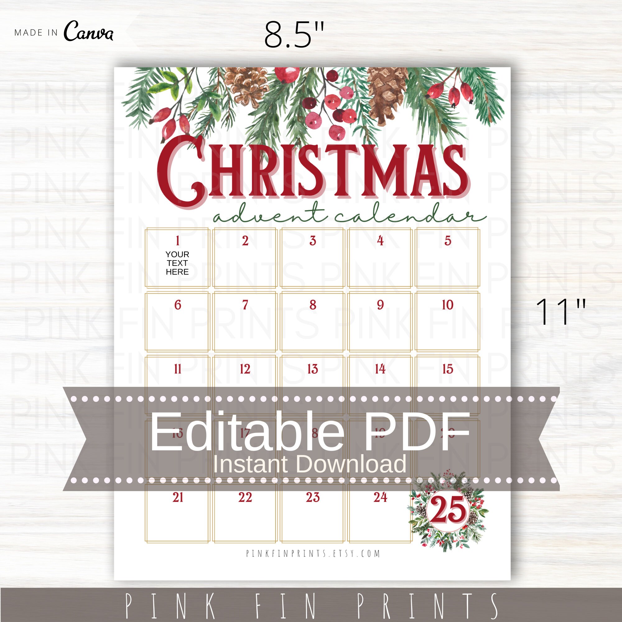Advent Calendar for Adults, Editable Christmas Countdown Calendar