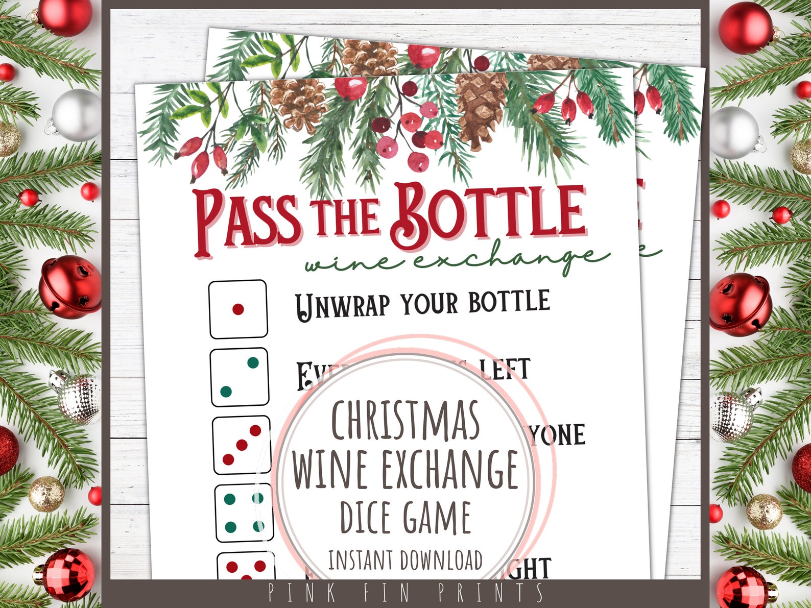 Pass the Bottle Christmas Gift Exchange Game, Christmas Dice Game for