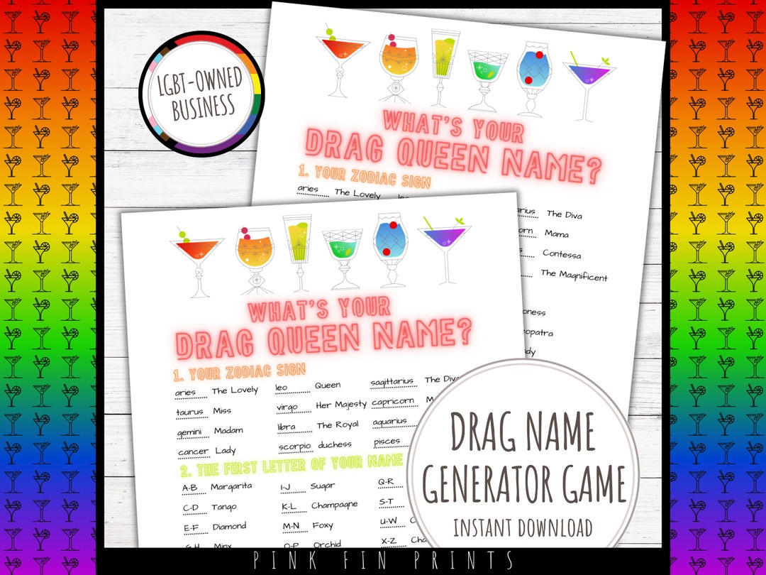 Whats Your Drag Queen Name Game, Drag Name Generator Pride Game, Funny Drinking Games for Pride