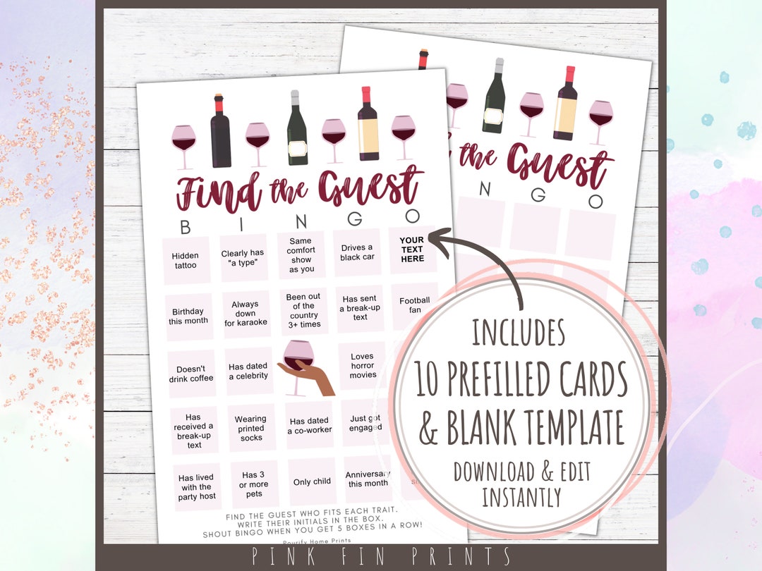 Find the Guest Bingo for Wine Party Ice Breaker (Instant Download) - Etsy