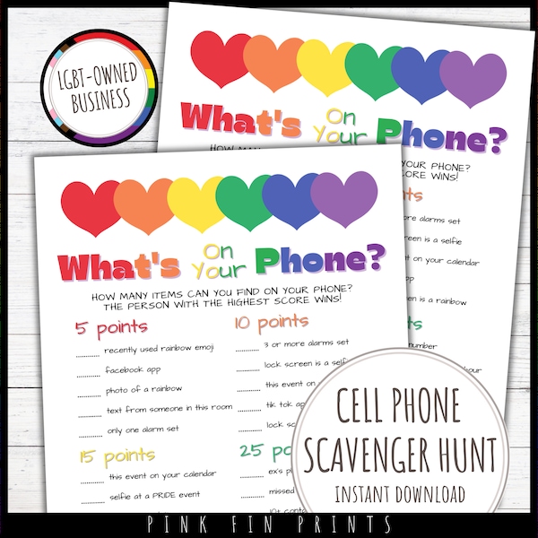 Cell Phone Scavenger Hunt Pride Party Game, Whats On Your Phone Game for Pride Month, Fun Pride Games for Groups, LGBTQ Owned Shop