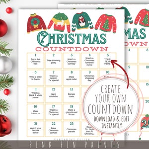 Kerst adventskalender, Kerstmis aftellen, DIY adventskalender voor volwassenen, kerst bucketlist sjabloon, afdrukbare adventskalenders afbeelding 1