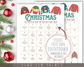 Christmas Advent Calendar, Christmas Countdown, DIY Advent Calendar for Adults, Christmas Bucket List Template, Printable Advent Calendars