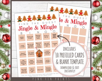 Jingle and Mingle Icebreaker Bingo voor volwassenen, afdrukbare kerstbingo voor grote groepen, vind het gastspel voor peperkoekfeest