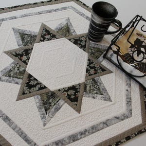Puede incluir: Un tapete de mesa acolchado hexagonal con un patrón de estrella blanco central y detalles de tela floral en negro y gris. Una taza de cerámica negra con líneas horizontales blancas y un servilletero de alambre negro se sitúan encima.