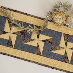 Handmade Quilted Christmas Table Runner, Gold & Navy Decor, Modern Quilt, Patchwork Art, (39.5" x 9.5"),