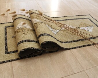 Handmade Quilted Table Runner, Sage Cream Charcoal Tonnings, Textile Art, 52.5" x 14.5"