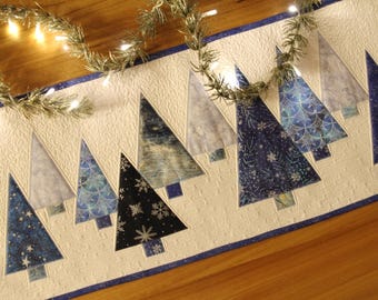 Christmas Quilted Table Runner, Traditional Holiday Decor, Applique Navy Blue White Festive Table Centerpiece, Handmade Xmas Quilt Gift