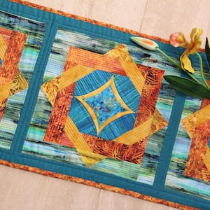Handmade Quilted Table Runner, Unique Gift, Batik Art Quilt, Textile Art,  Dining Decor, Fiber Art, Abstract Design, Table Décor,