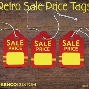 May include: Three red retro sale price tags with yellow accents and white string. The tags read "SALE PRICE" in yellow font. The top of the image reads "Retro Sale Price Tags".