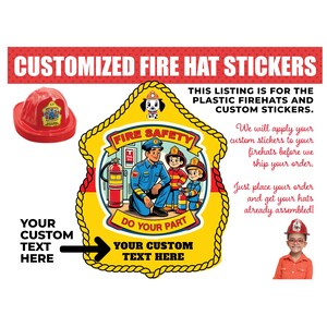 Kids Firefighter Hat with Custom Sticker | Birthday Party | Party Favor | Fire Safety | Firefighter Plastic Hat | Customizable Label