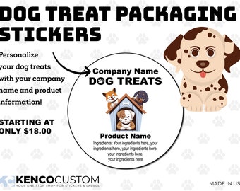 May include: A white circle sticker with a cartoon dog house and three dogs. The text "Company Name DOG TREATS" is at the top of the sticker. The text "Product Name" is at the bottom of the sticker. The text "Ingredients: Your ingredients here, your ingredients here, your ingredients here, your ingredients here, your ingredients here" is below the product name. The sticker is on a white background with gray paw prints.