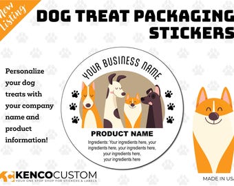 May include: Round sticker with a brown background and the text "YOUR BUSINESS NAME" in a white circle. The sticker features a cartoon illustration of three dogs, a brown and white dog, a black and white dog, and a brown dog. The text "PRODUCT NAME" is below the dogs, and the text "Ingredients: Your ingredients here, your ingredients here, your ingredients here, your ingredients here" is below the product name.
