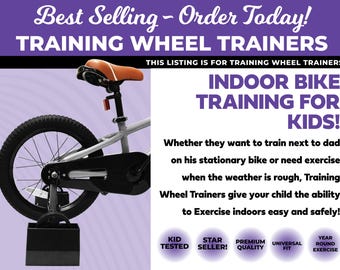 May include: A silver bicycle with orange training wheels and a brown seat. The bike is on a black stand and the text "Indoor Bike Training for Kids!" is visible in the image.