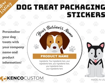May include: Round sticker with a brown and white dog illustration, text "Your Business Name" and "PRODUCT NAME". The sticker is for dog treat packaging.