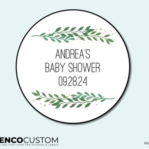 Personalized Baby Shower Stickers | 1.5&quot; Circle | Greenery and Botanical Baby Shower Stickers