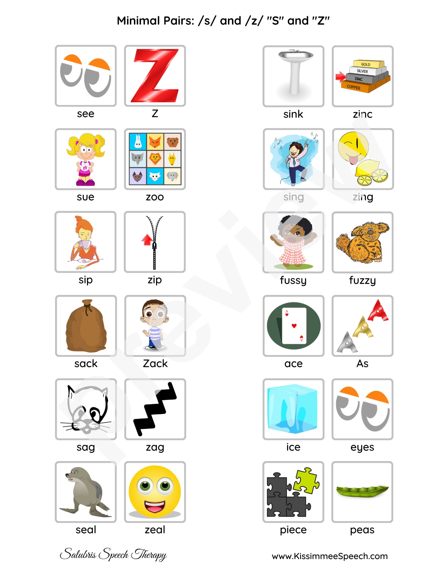 Minimal Pairs for "s" and "z" Phonemes for Speech Therapy Practice 3