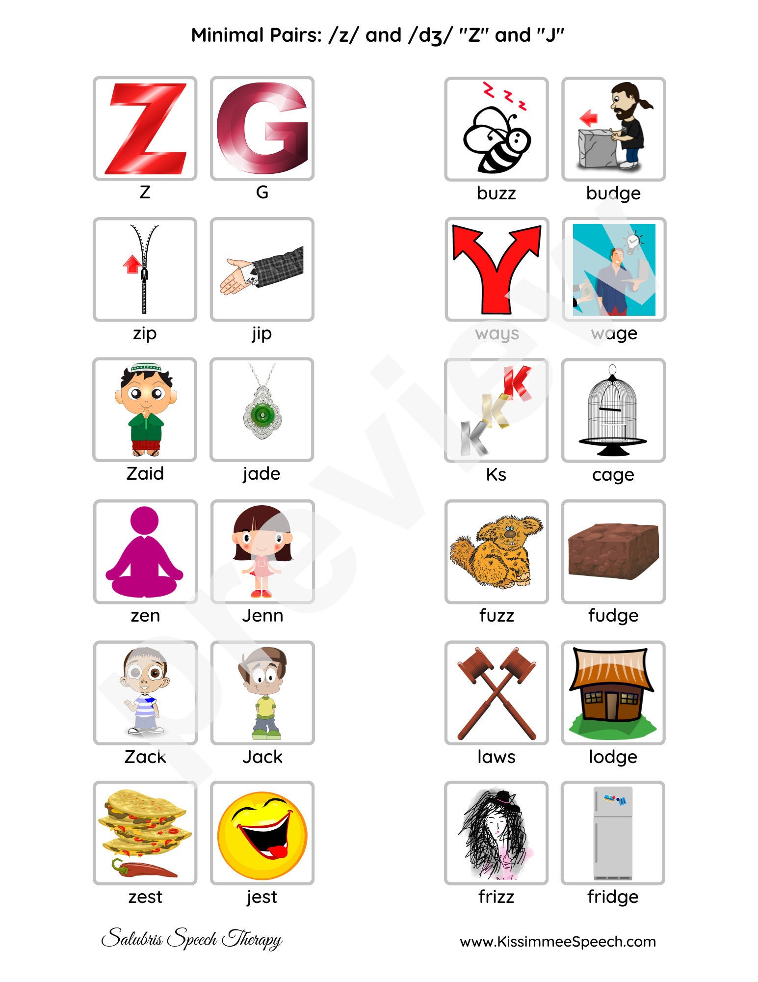 Minimal Pairs for z & j Phonemes for Speech Therapy Practice Full Page