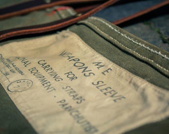 Vintage Military Canvas Tote Bag – Reclaimed Parachutist Equipment Sleeve, Leather Handles, Wool Lining